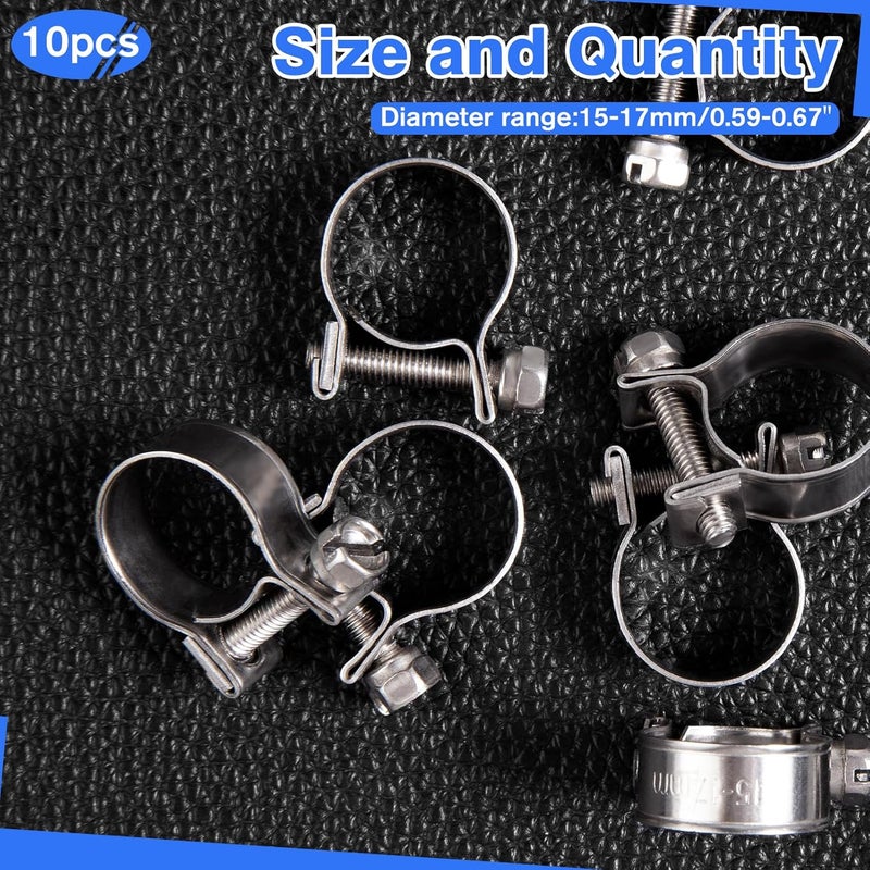 LEONTOOL 10pcs Stainless Steel Mini Fuel Line Pipe Hose Clamp Clip 15-17mm Fuel Injection Line Style Hose Clamp Adjustable Pipe Hose Clip Tube Clamps For Diesel Petrol Pipe (9/16" - 11/16"Dia) - Image 3